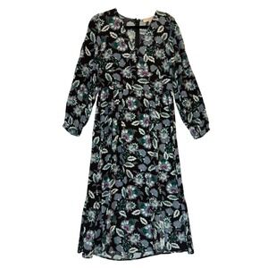 Loft Floral Midi Dress Size 8 Black V-Neck Long Sleeve Cottage Botanical 2022